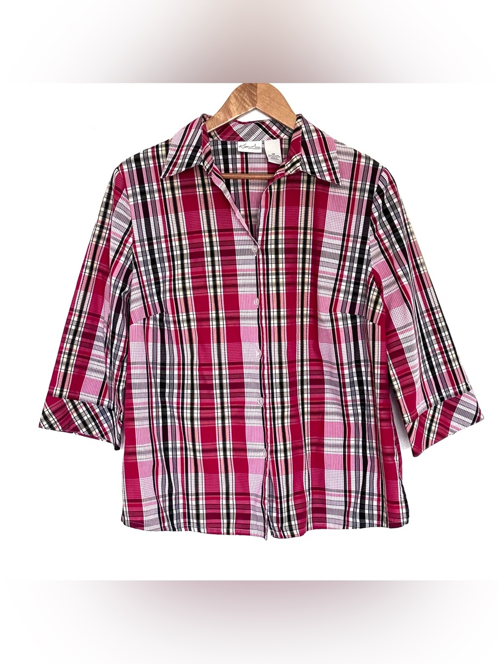 Kim Rogers Petite Shirt Women’s Size 12P Red Plaid Button Down 3/4 Sleeve Top